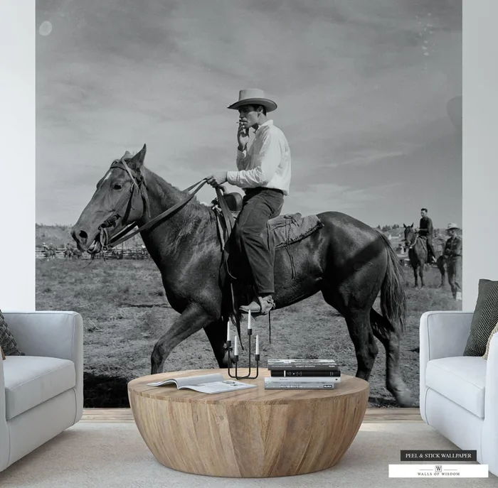 Smoking Cowboy on Horse Rodeo Mural – Rustic Western Peel & Stick Wallpaper