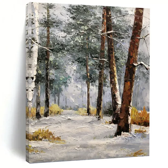“Snowy Forest Path in Winter” – White, Grey, Brown Landscape Art on Canvas DKH1274