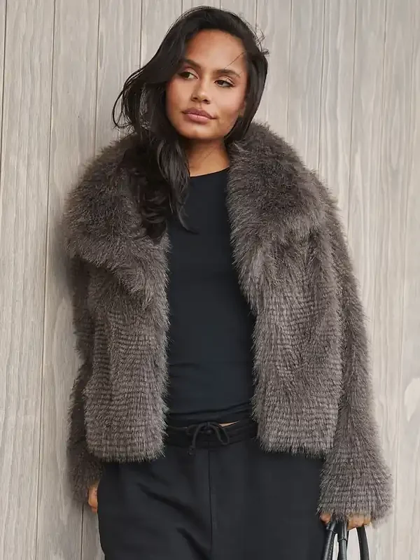 South Beach Grey Tipped Long Pile Faux Fur Collar Detail Short Jacket
