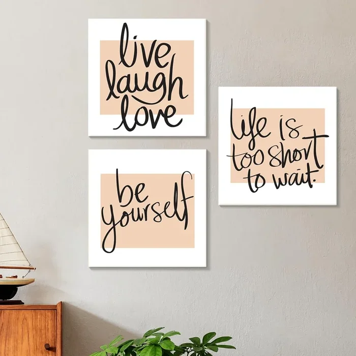 Stretched Canvas Painting Live Love Laugh, Be Yourself for Living Room (Set of 3, Size: 12×12 Inch)