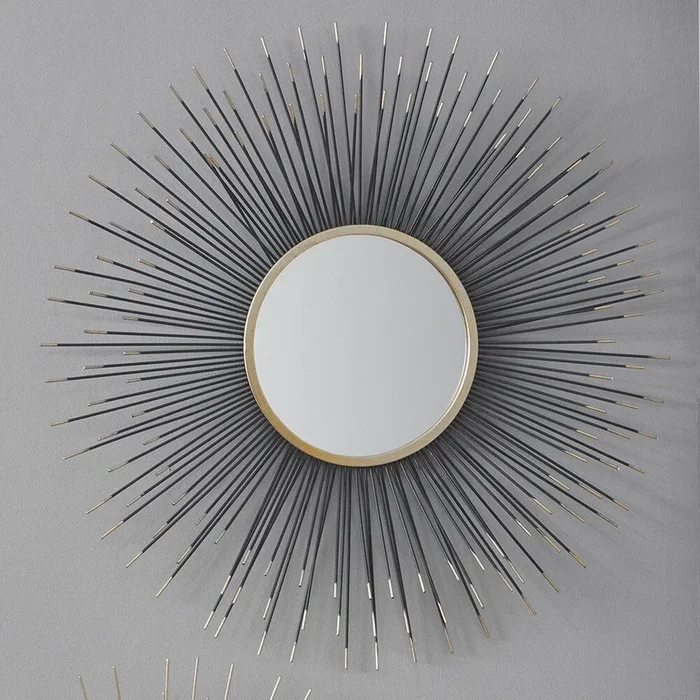 Sunburst Black & Gold Metal Round Wall Mirror