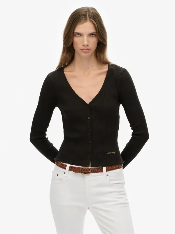 Superdry Black Essential Button Through Long Sleeve Top