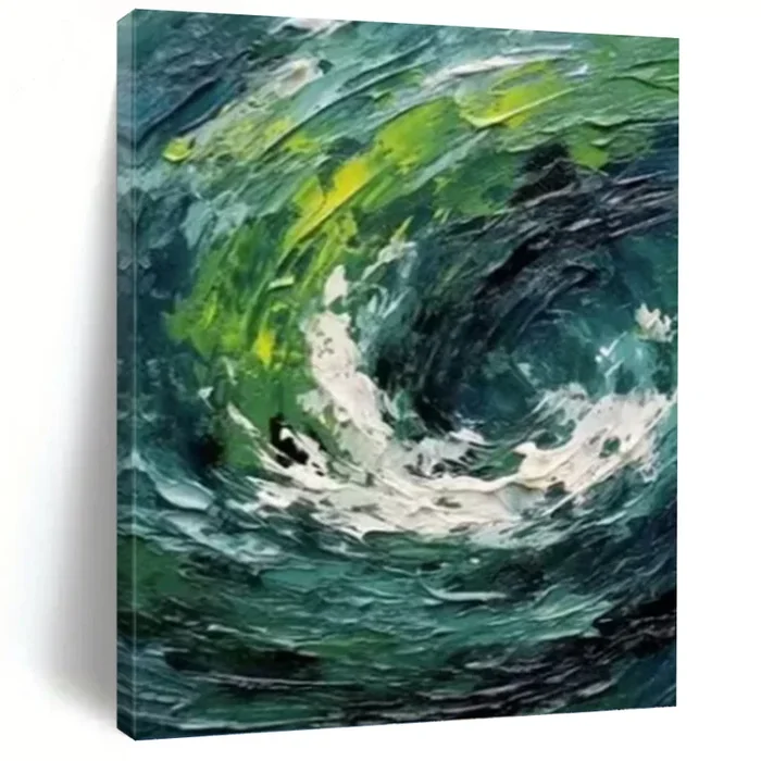 “Swirling Sea Impasto” – Blue, Green, and White Abstract Art on Canvas DKH1405
