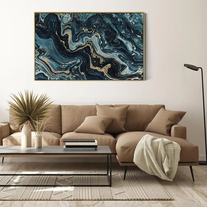 Teal Gold Abstract Framed Canvas Wall Art – Celestial Flow for Living Room