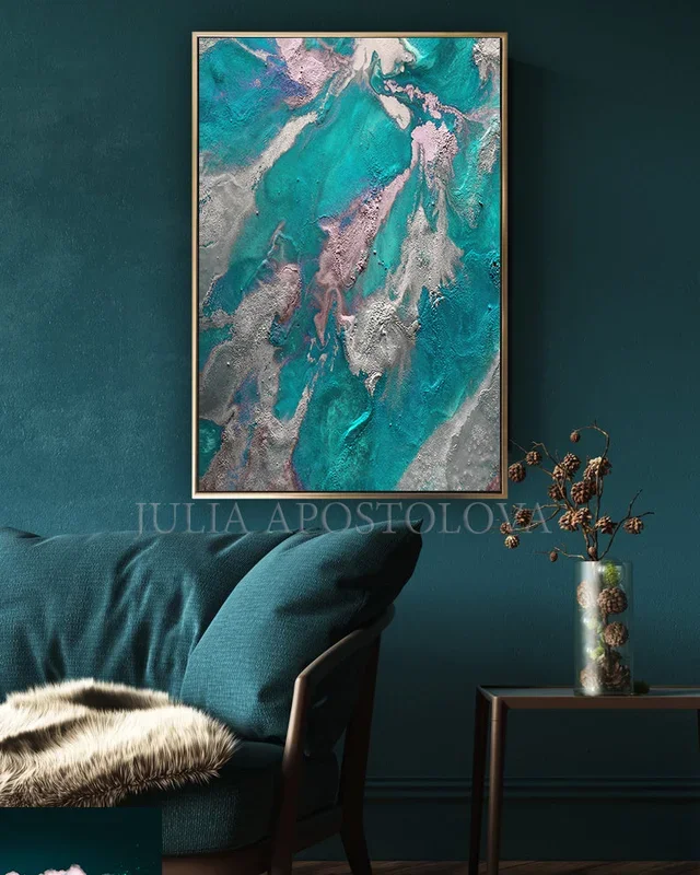 Teal Silver Wall Art Marble Abstract Ocean Art, Large Painting Turquoise Purple, Embellished Canvas