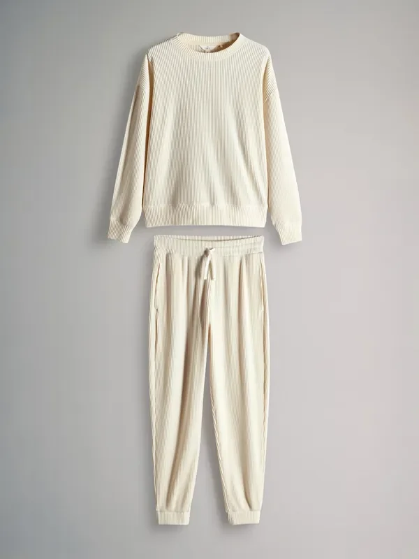 The Set Cream 2 Pack Soft Rib Crew Neck Sweatshirt and Cuffed Joggers Lounge Set