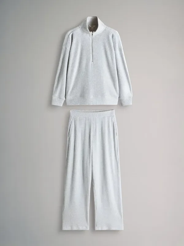 The Set Grey Soft Touch Rib Funnel Neck Sweatshirt/Wide Leg Joggers Coord