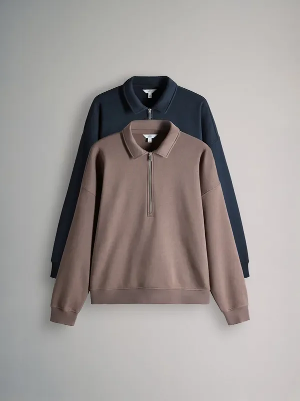 The Set Navy/Light Brown 2 Pack Collared Zip Sweatshirt