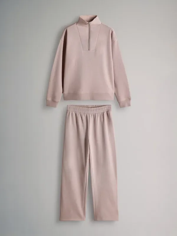 The Set Taupe Brown Half Zip Funnel Neck Sweatshirt and Wide Leg Joggers Set