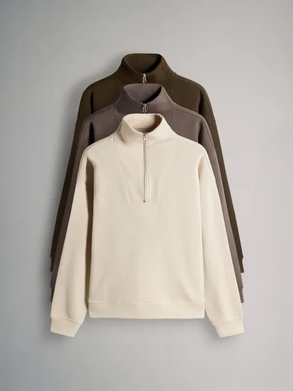 The Set Taupe Brown/Khaki Green/Cream 3 Pack Quarter Zip Sweatshirts
