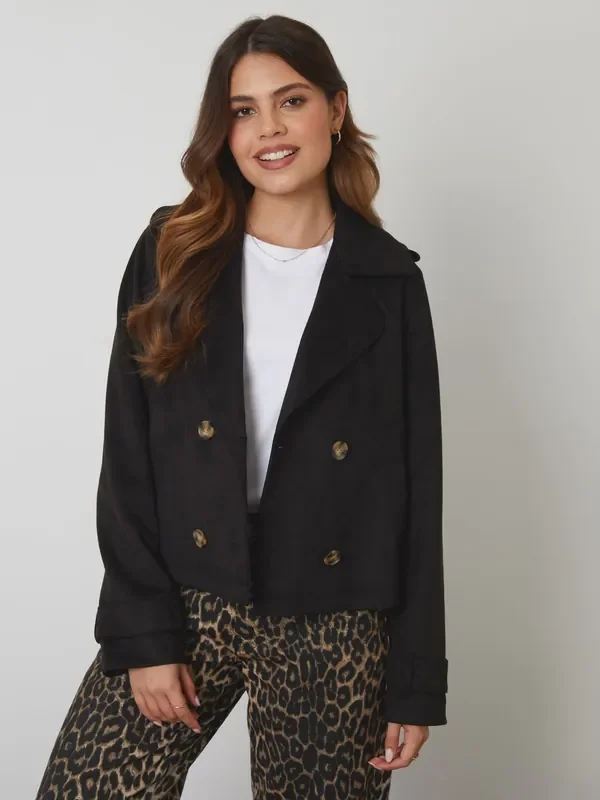 Threadbare Black Suedette Cropped Trench Jacket