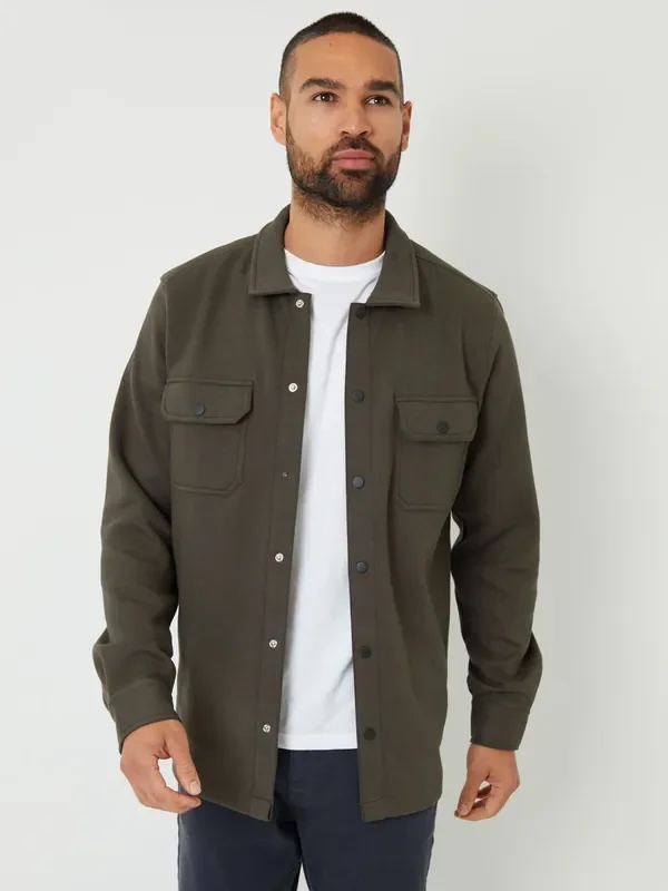 Threadbare Khaki Pique Popper Fastening Shacket