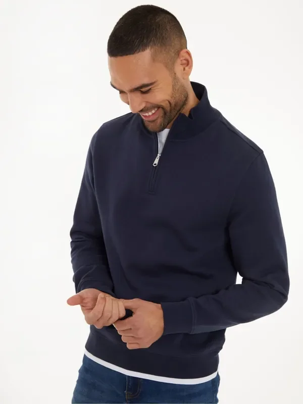 Threadbare Navy Mock T-Shirt Quarter Zip Sweatshirt
