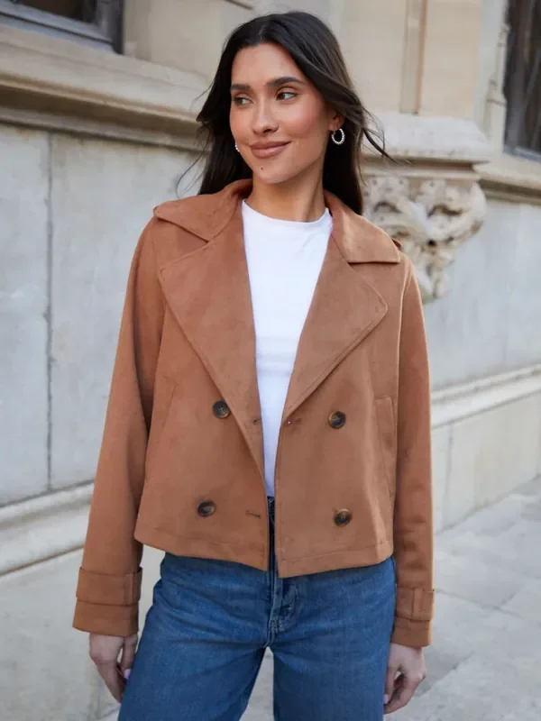 Threadbare Taupe Suedette Cropped Trench Jacket