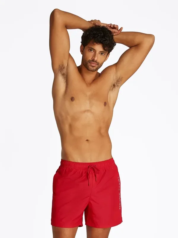 Tommy Hilfiger Red Medium Length Drawstring Swim Trunks