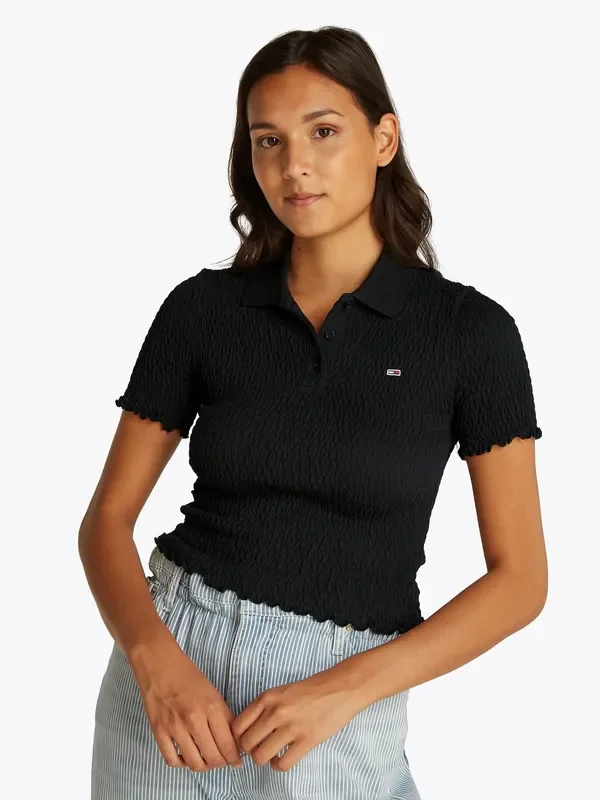 Tommy Jeans Black Slim Smock Short Sleeve Polo Shirt