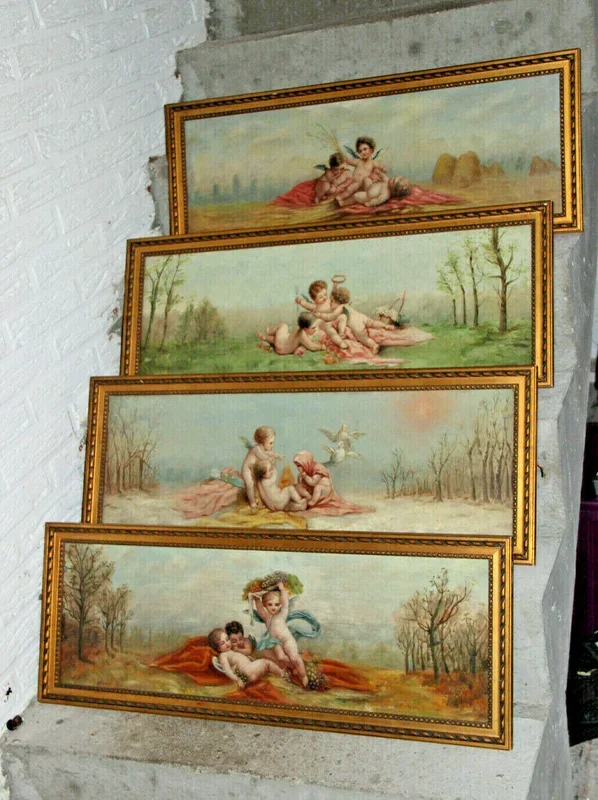 Top French Antique set 4 oil canvas Painting Putti angels 4 Seasons