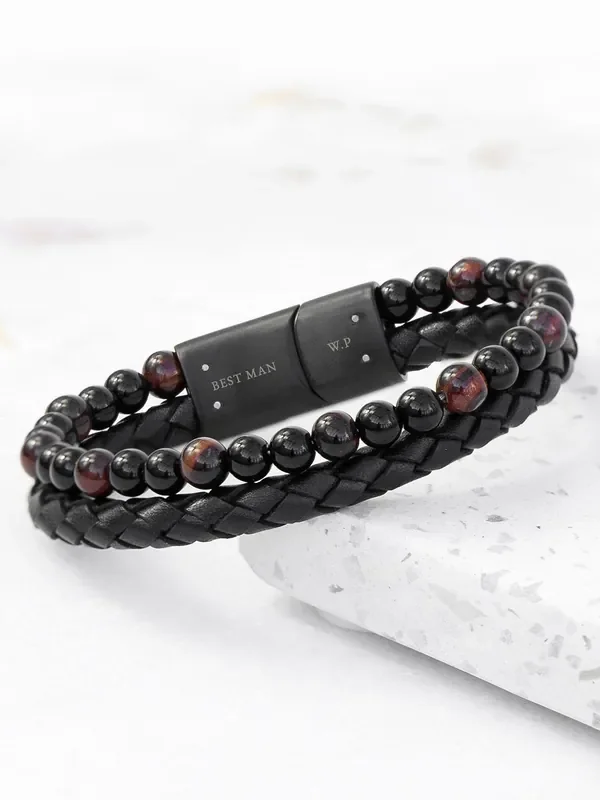 Treat Republic Mens Personalised Tiger‘s Eye Print Bead and Leather Bracelet