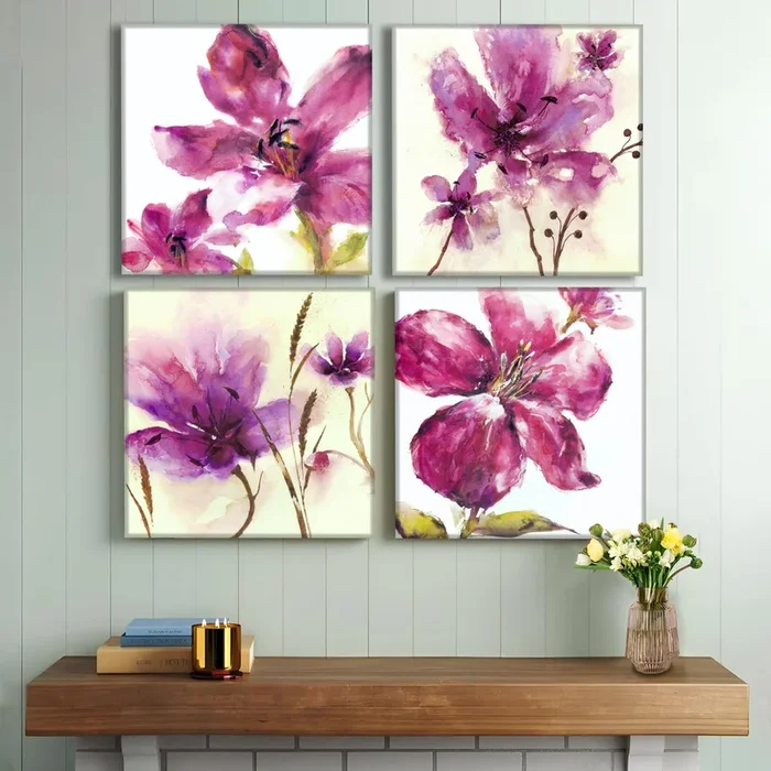 Unique Watercolor Floral Painting Wall Art Set of 4 | Digital Print on Stretched Canvas (12x12Inches)
