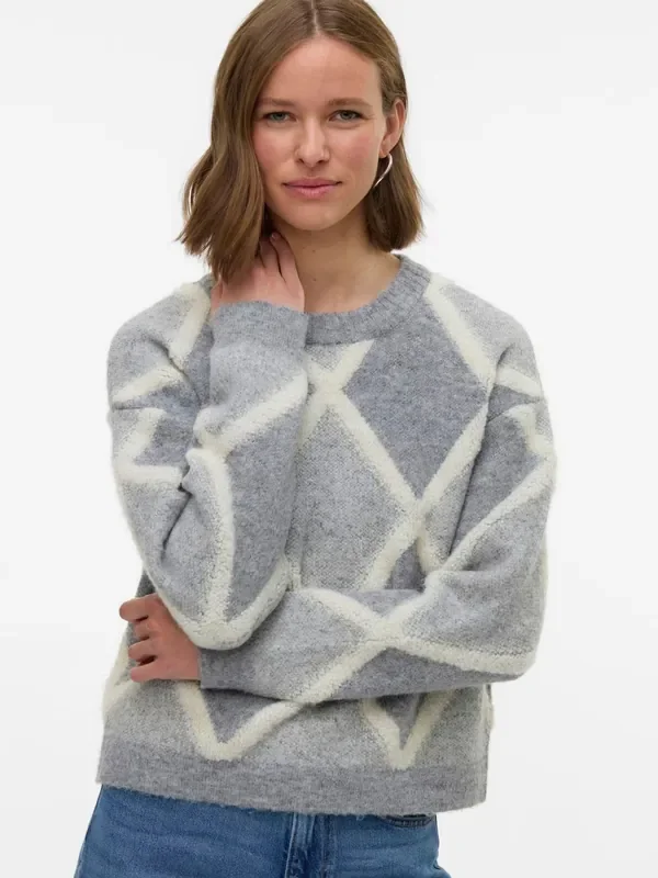 VERO MODA Grey Argyle Long Sleeve Knitted Jumper