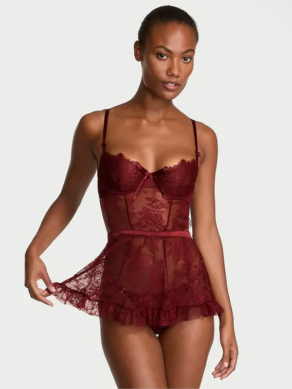 Victoria‘s Secret Sangria Red Apron Babydoll Set