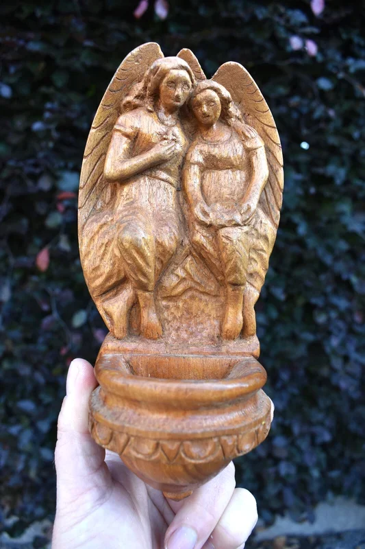 Vintage 1950 wood carved archangel figural holy water font