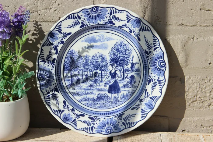 Vintage DELFT blue white pottery plate marked summer season