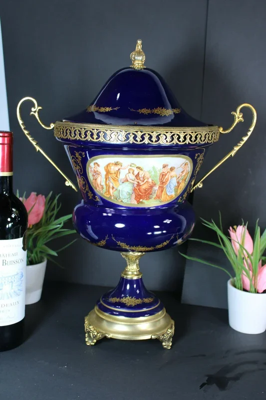 Vintage french cobalt blue limoges porcelain centerpiece vase