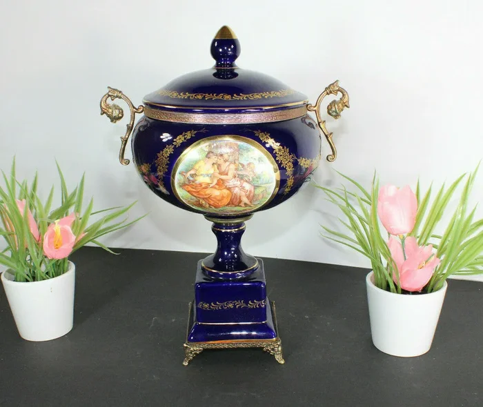 Vintage french cobalt blue porcelain marked Centerpiece bowl vase victorian scen