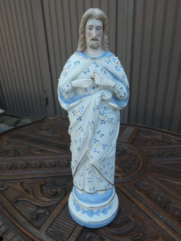 Vintage german sacred heart jesus christ statue porcelain bisque