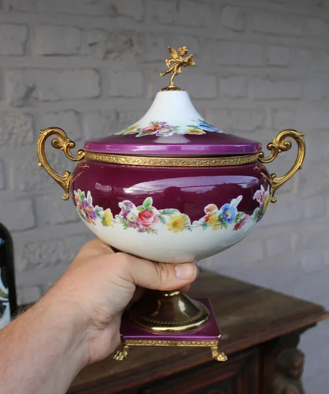 Vintage italian alfa porcelain centerpiece lidded bowl putti lion paws