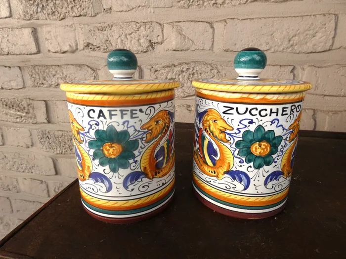 Vintage italian DERUTA pottery hand paint Coffee sugar jar kitchen dragons