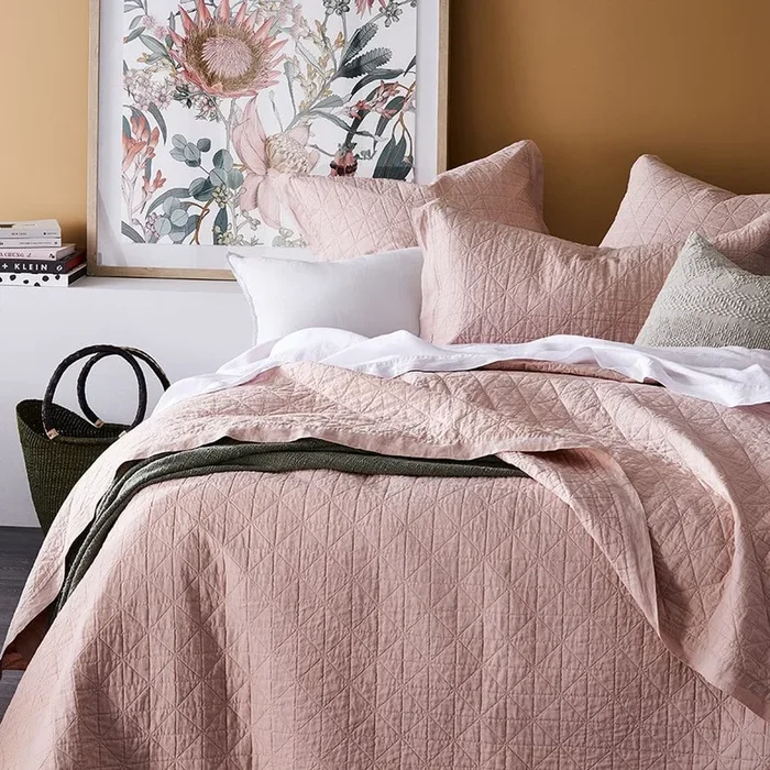 Vintage Washed Linen Nude Pink Quilted Coverlet Separates