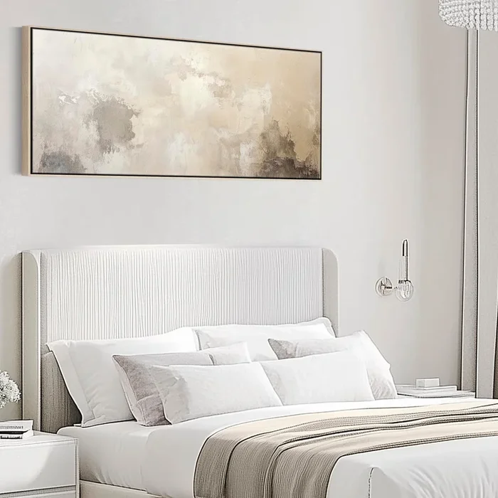 Wide Beige Neutral Framed Artwork on Canvas Abstract Panoramic for Bedroom