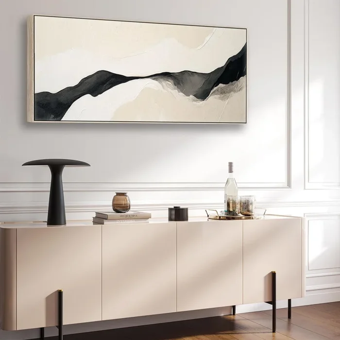 Wide Neutral Beige Black Framed Horizontal Canvas Wall Art Print