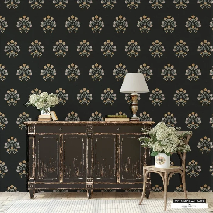 Wildflower Harvest Black Peel and Stick Wallpaper – Elegant Floral Cottage Design