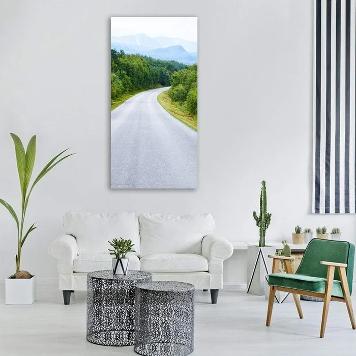 Winding Road Through Forest In Norway Vertical Canvas Wall Art