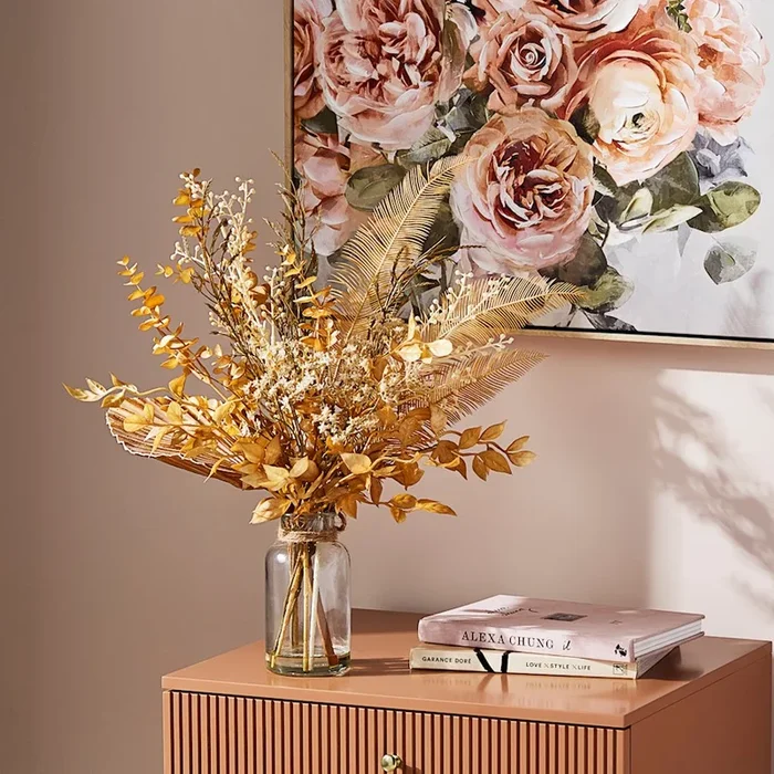 Winter Gold Fan & Feather Stem Bouquet in Vase