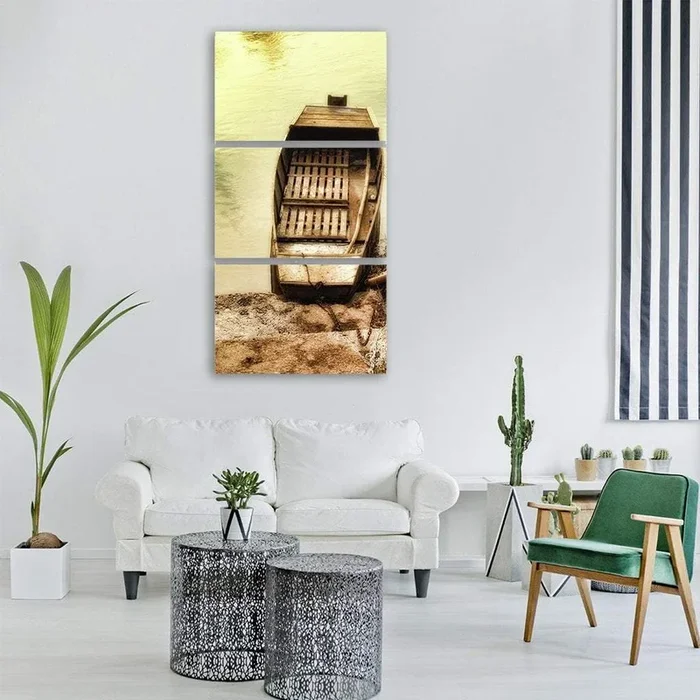 Wooden Boat on Riverbank in Sepia Vertical Canvas Wall Art