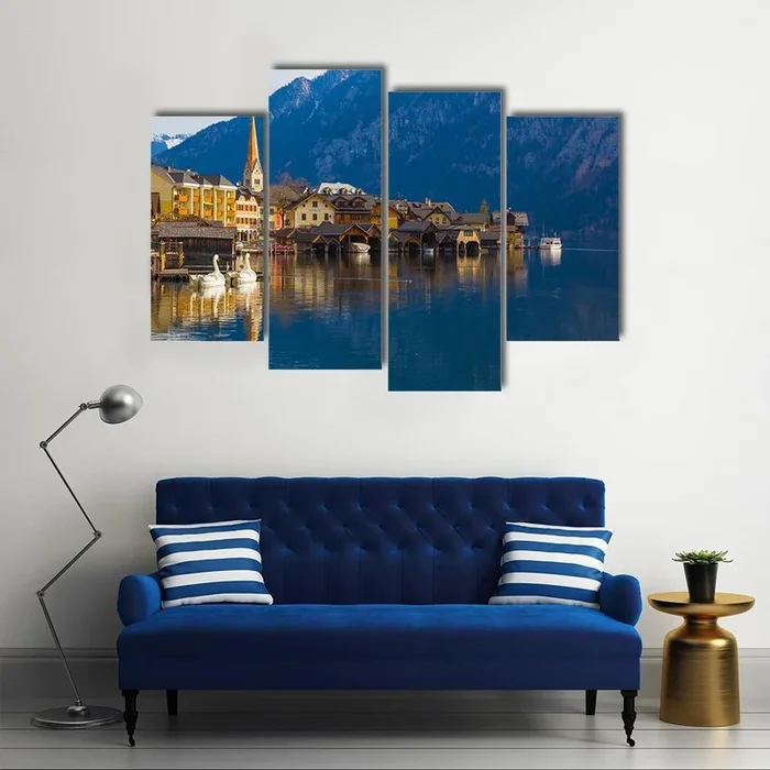 Wooden Houses of Hallstatt on Serene Lake Canvas Wall Art