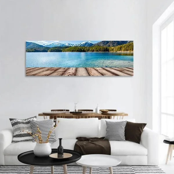 Wooden Planks With Lake In Germany Alps Panoramic Canvas Wall Art