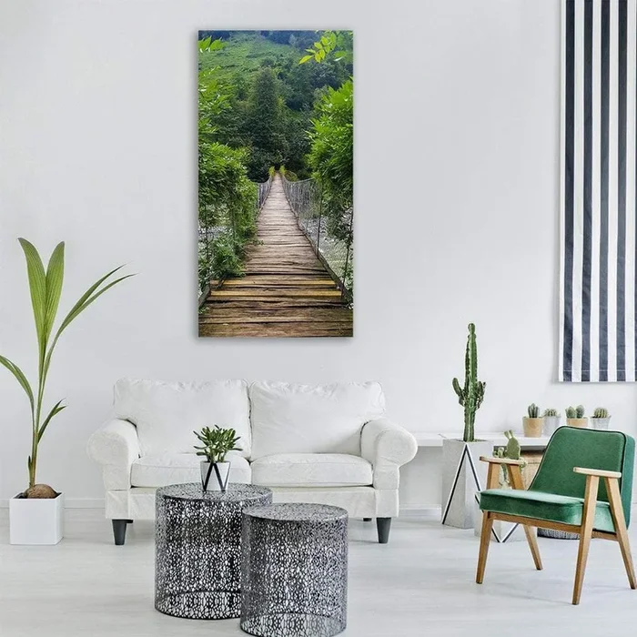 Wooden Suspension Bridge in Forest Vertical Canvas Wall Art