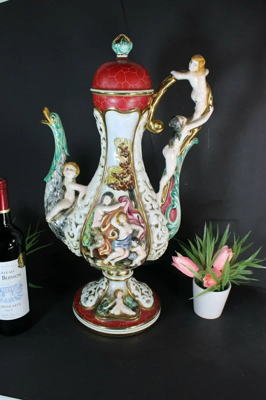 XL capodimonte porcelain marked pitcher vase swan putti cherub relief decor