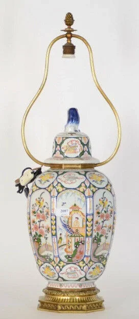 XXL 32,6″ Boch Belgium Chinoiserie Pottery Vase mount lamp foo dog Rare marked