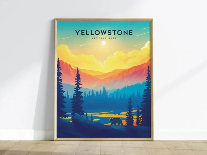 Yellowstone National Park Poster | Vibrant Sunset Nature Wall Art Print | Framed or Unframed