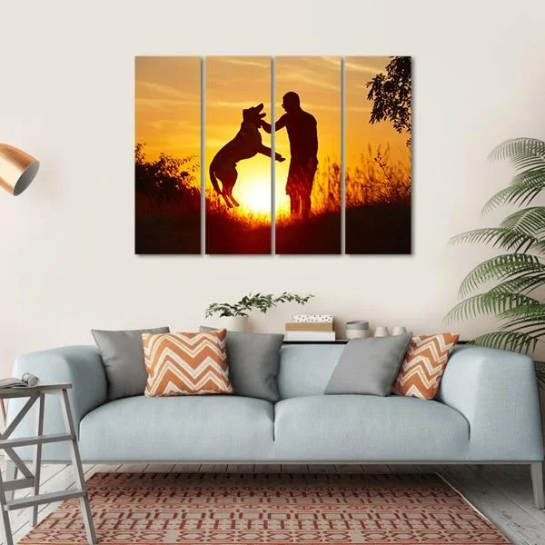 Young Man with His Yellow Labrador Retriever Canvas Wall Art