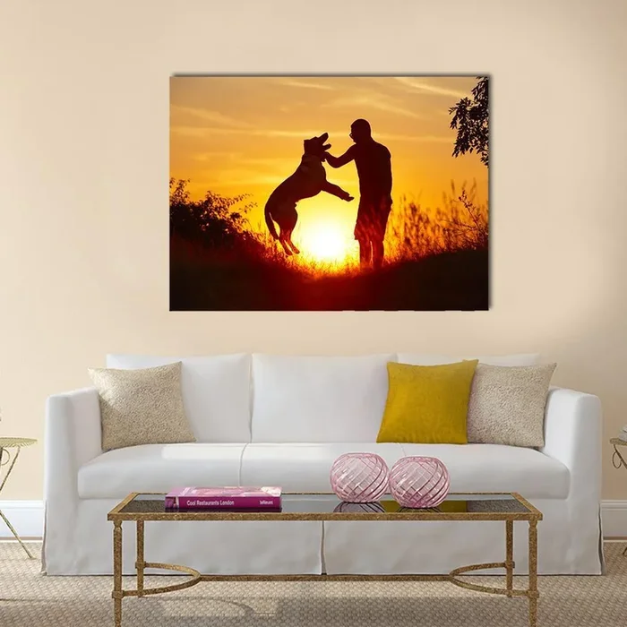 Young Man with Yellow Labrador Retriever Canvas Wall Art