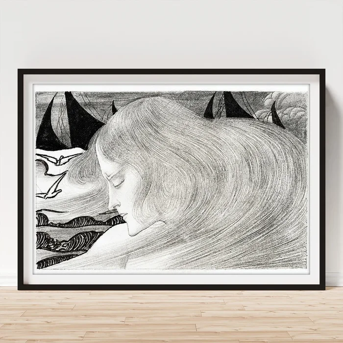 Young woman with wavy hair in front of a sea with ships – Digital Remastered Edition Art Print