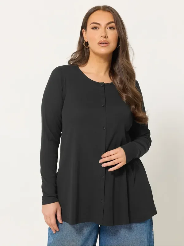 Yours Curve Black Button Front Henley A-Line Top