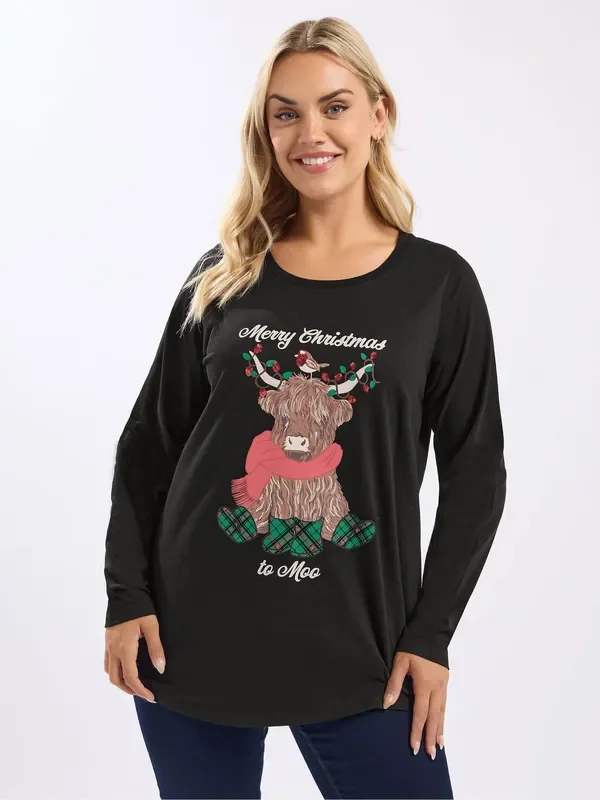 Yours Curve Black Highland Cow Long Sleeve Novelty T-Shirt